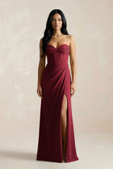 Sweetheart Corset Ruched Bridesmaid Dress in Burgundy - KissProm Bridesmaid Dresses