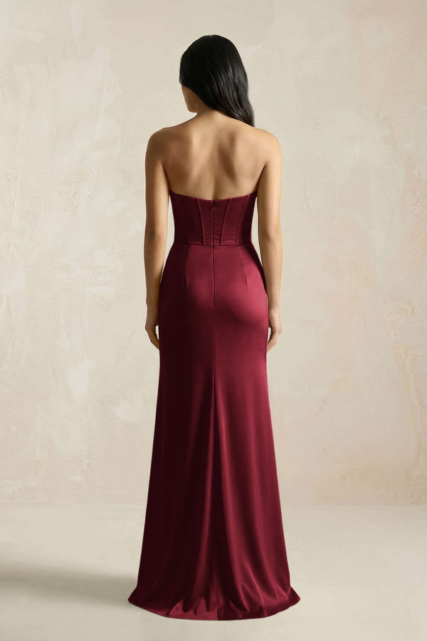 Sweetheart Corset Ruched Bridesmaid Dress in Burgundy - KissProm Bridesmaid Dresses
