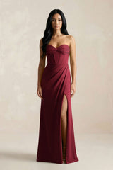 Sweetheart Corset Ruched Bridesmaid Dress in Burgundy - KissProm Bridesmaid Dresses