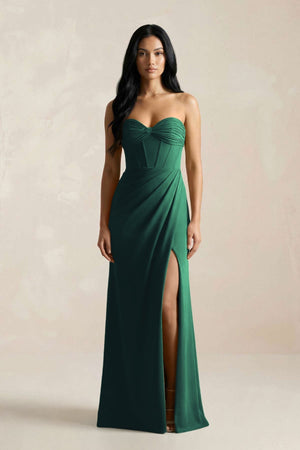 Sweetheart Corset Ruched Bridesmaid Dress in Dark Green - KissProm Bridesmaid Dresses