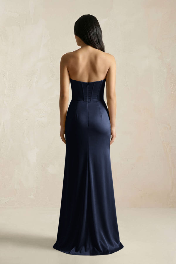 Sweetheart Corset Ruched Bridesmaid Dress in Dark Navy - KissProm Bridesmaid Dresses