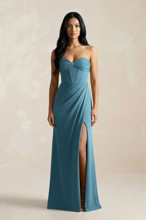 Sweetheart Corset Ruched Bridesmaid Dress in Dark Teal - KissProm Bridesmaid Dresses