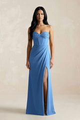 Sweetheart Corset Ruched Bridesmaid Dress in Dusty Blue - KissProm Bridesmaid Dresses