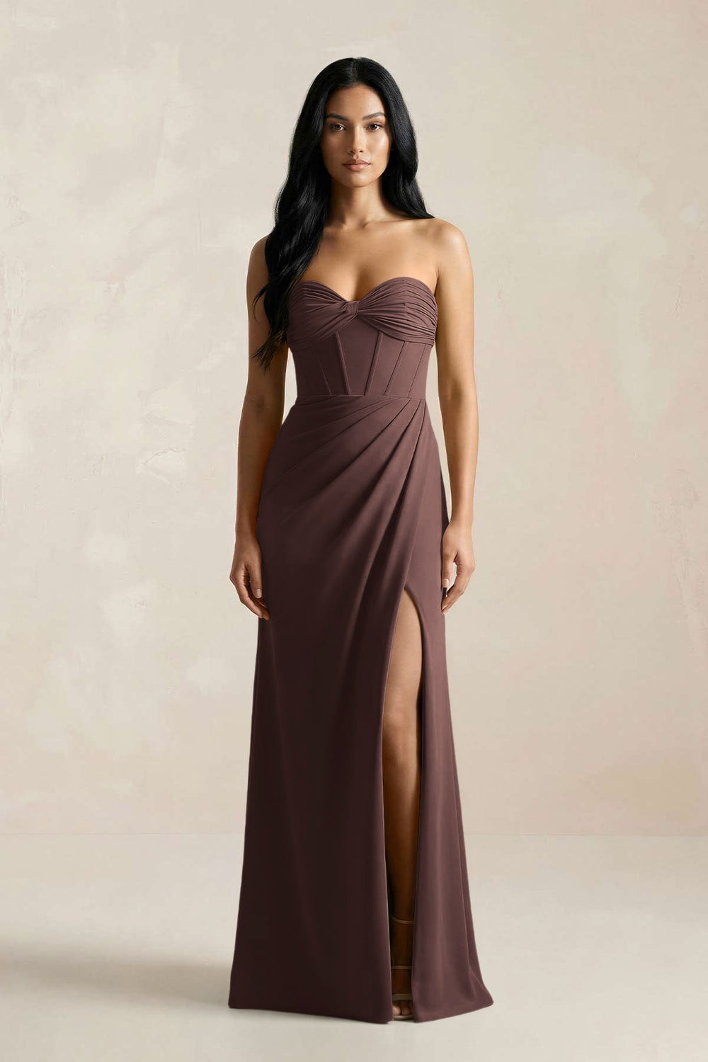Sweetheart Corset Ruched Bridesmaid Dress in Espresso - KissProm Bridesmaid Dresses