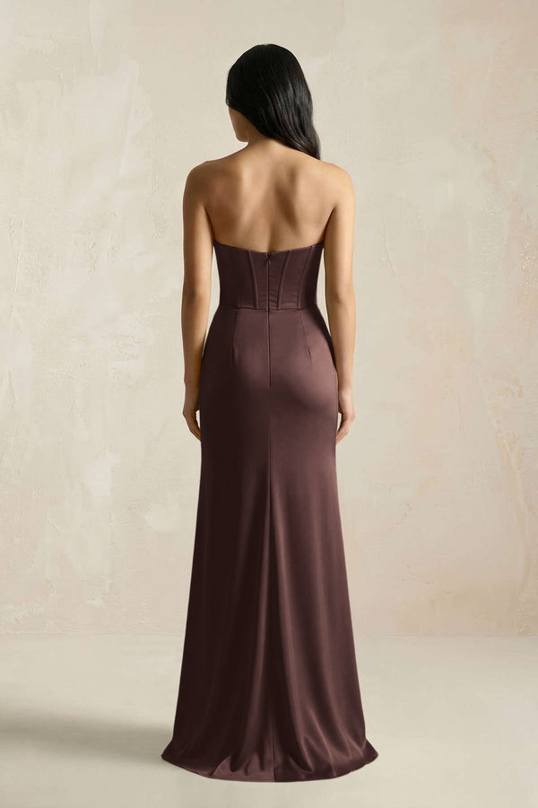 Sweetheart Corset Ruched Bridesmaid Dress in Espresso - KissProm Bridesmaid Dresses