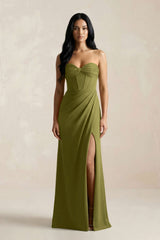 Sweetheart Corset Ruched Bridesmaid Dress in Moss Green - KissProm Bridesmaid Dresses
