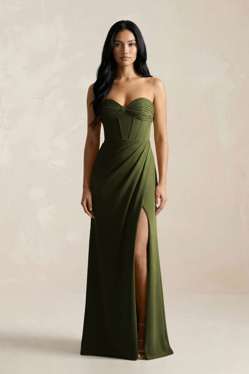 Sweetheart Corset Ruched Bridesmaid Dress in Olive - KissProm Bridesmaid Dresses