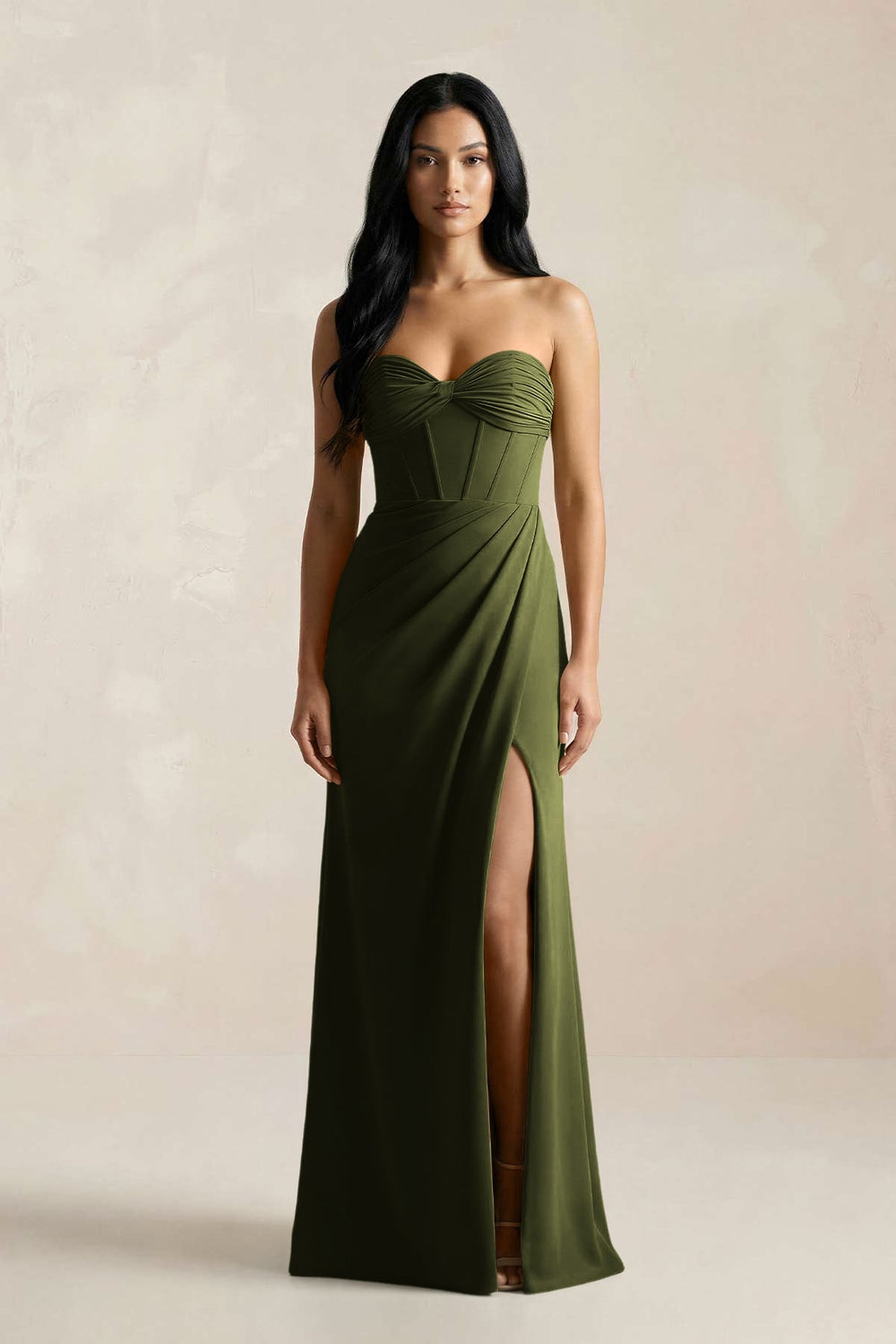 Sweetheart Corset Ruched Bridesmaid Dress in Olive - KissProm Bridesmaid Dresses