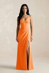 Sweetheart Corset Ruched Bridesmaid Dress in Orange - KissProm Bridesmaid Dresses