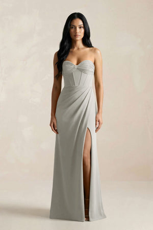Sweetheart Corset Ruched Bridesmaid Dress in Silver - KissProm Bridesmaid Dresses