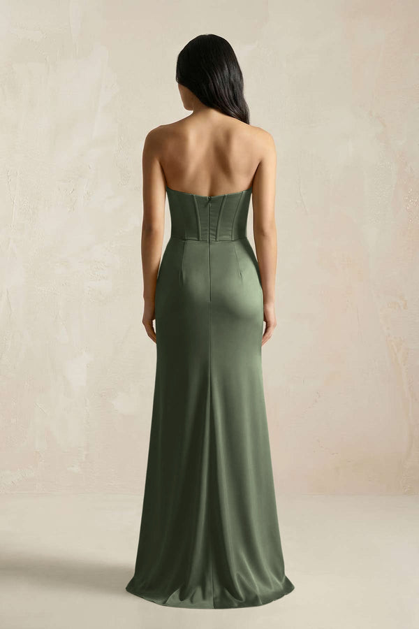 Sweetheart Corset Ruched Bridesmaid Dress in Thyme - KissProm Bridesmaid Dresses