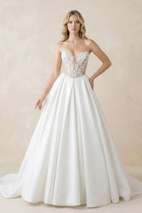 Sweetheart Corset Satin Ball Gown Wedding Dress in White - KissProm Wedding Dresses