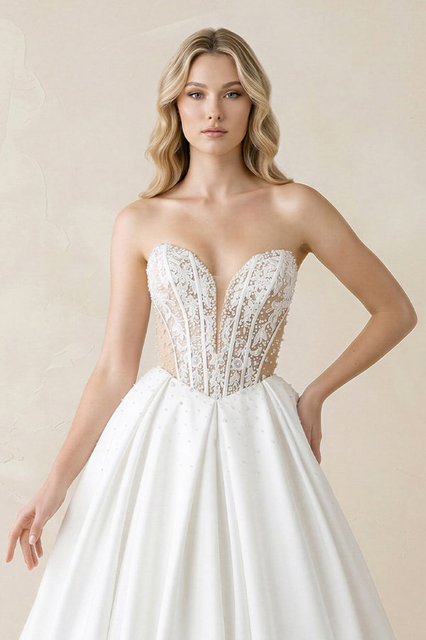 KissProm Sweetheart Corset Satin Ball Gown Wedding Dress in White, White / 8