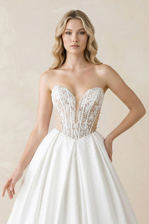 Sweetheart Corset Satin Ball Gown Wedding Dress in White - KissProm Wedding Dresses