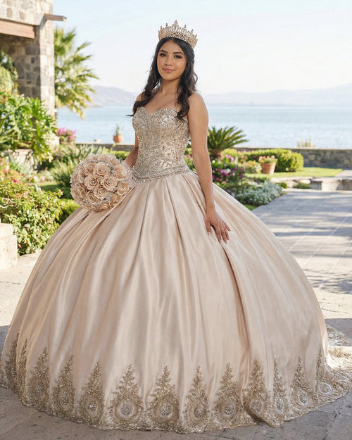Sweetheart Embroidery Satin Champagne Quinceanera Dresses Lace Ball Gowns - KissProm
