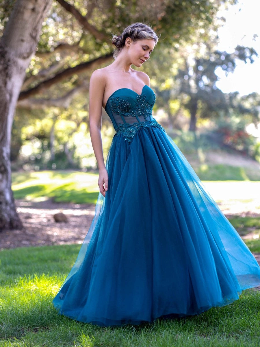 KissProm Corset Lace Floor Length Tulle Prom Dress, Peacock / 22