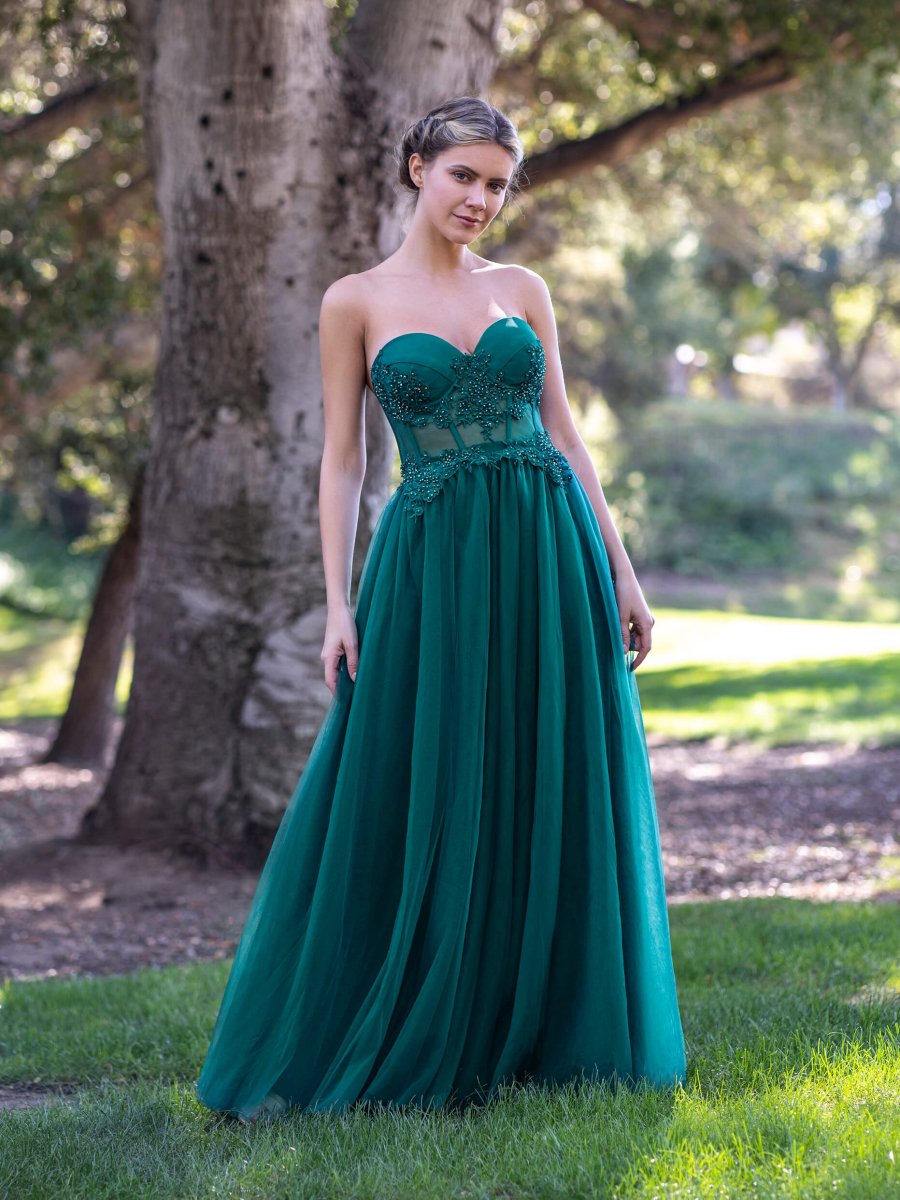 Corset Lace Floor Length Tulle Prom Dress Green / 12