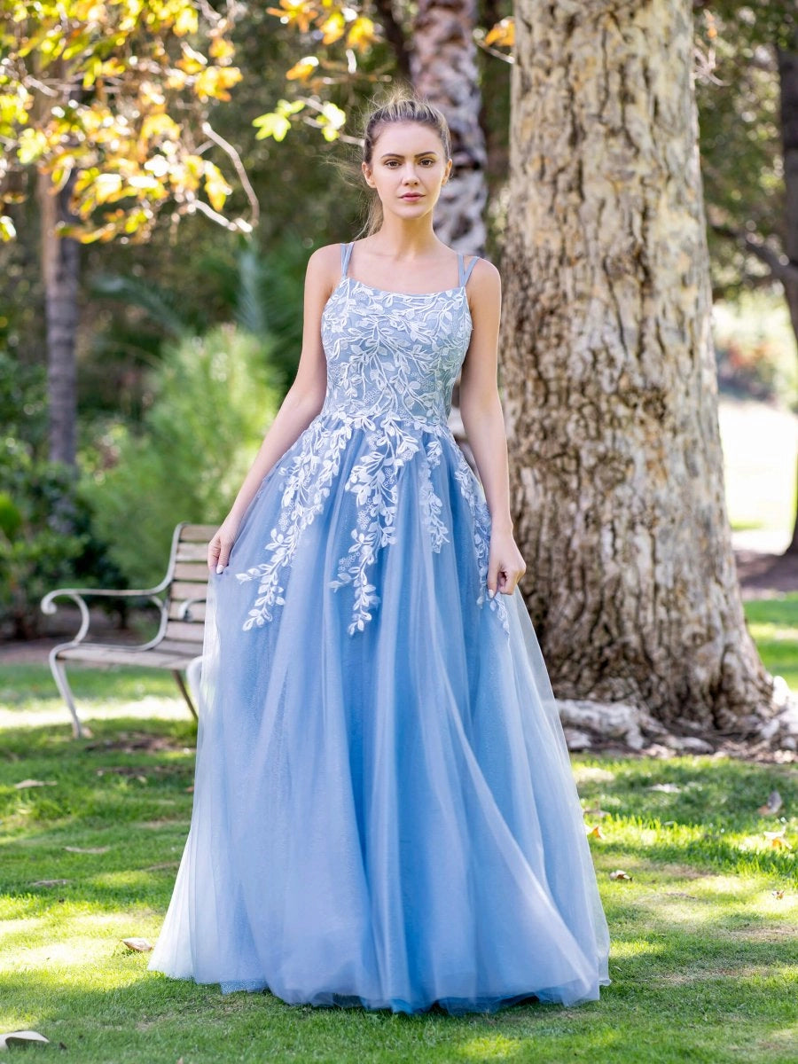 KissProm A-line Lace Applique Floor Length Tulle Prom Dress, Blue / 18