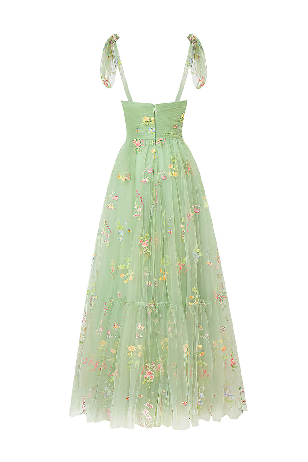 KissProm Sweetheart Embroidery Tea-Length Tulle Puff Sleeves Floral Corset Prom Dress, Green / 10