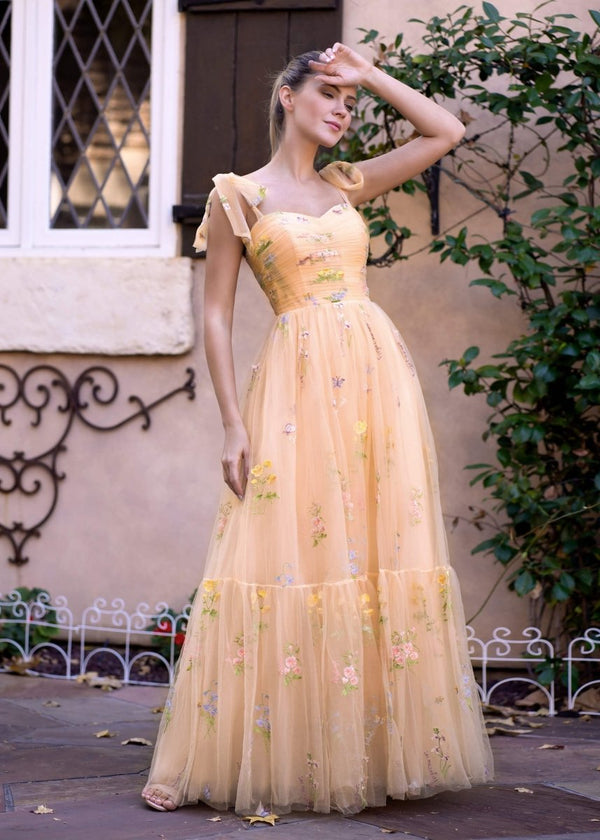Spaghetti Straps Neck Floor Length Tulle Embroidery Floral Prom Dress, Champagne / 2 Spaghetti Straps Neck Floor Length Tulle Embroidery Floral Prom Dress, Champagne / 2