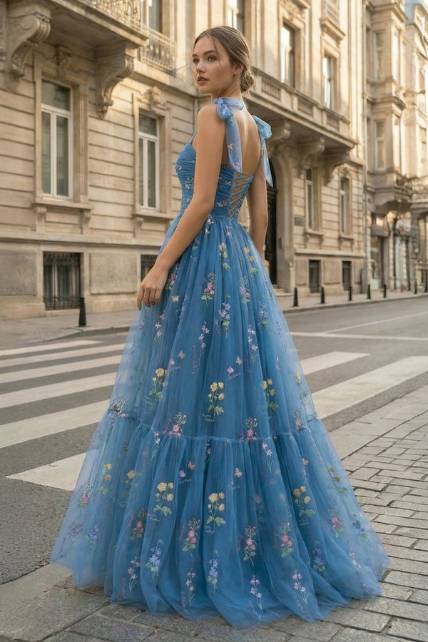 Spaghetti Straps Neck Floor Length Tulle Embroidery Floral Prom Dress - KissProm