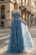 Spaghetti Straps Neck Floor Length Tulle Embroidery Floral Prom Dress - KissProm