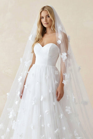 Sweetheart Flower Tulle A - Line Wedding Dress in White - KissProm Wedding Dresses
