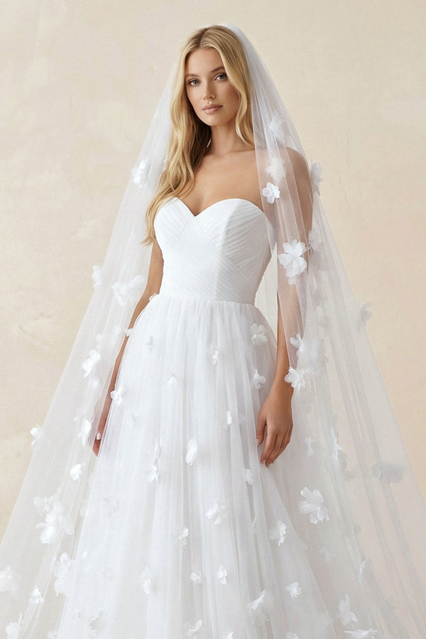 Sweetheart Flower Tulle A - Line Wedding Dress in White - KissProm Wedding Dresses