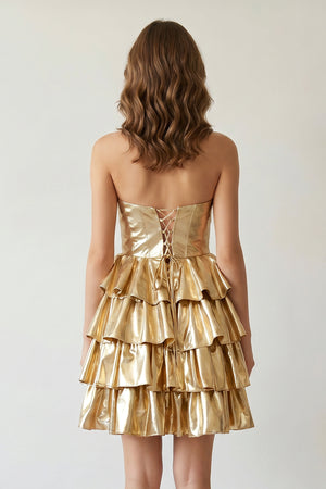 Golden Sweetheart Gold Metallic A-Line Ruffle Homecoming Dress - KISSPROM