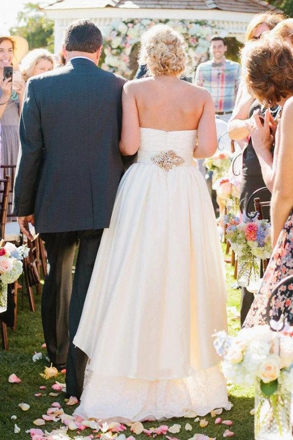 Sweetheart High-Low Chiffon Wedding Dress With Tiers And Crystal Detailing