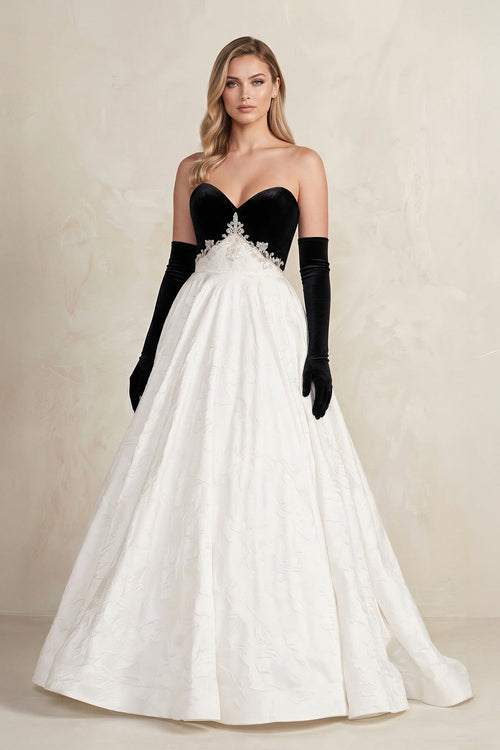 Sweetheart Jacquard Ball Gown Wedding Dress with Sleeves in Black and White - KissProm Wedding Dresses