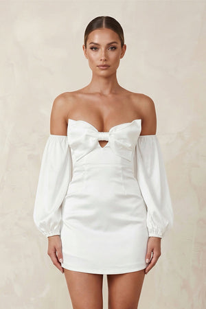 Sweetheart Keyhole Satin Sheath Mini Wedding Dress With Sleeves in White - KissProm Wedding Dresses