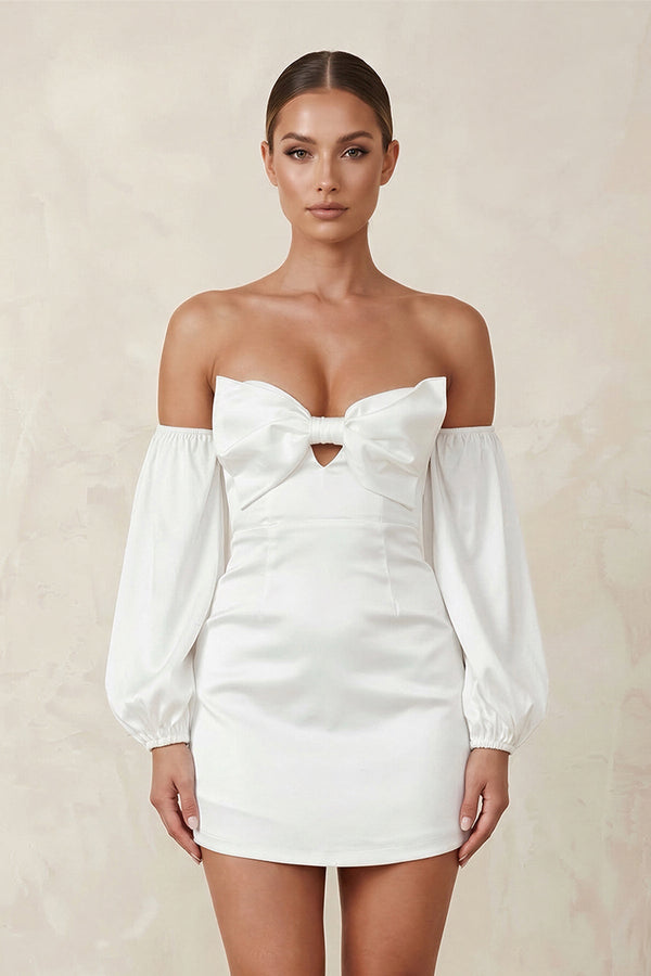 Sweetheart Keyhole Satin Sheath Mini Wedding Dress With Sleeves in White - KissProm Wedding Dresses