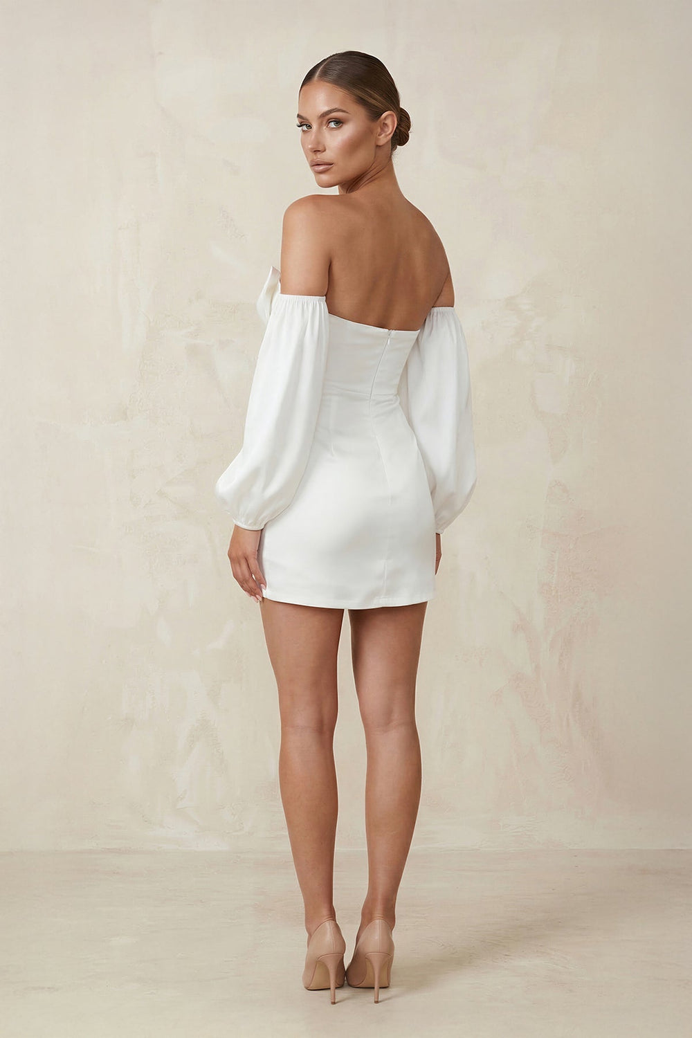 Sweetheart Keyhole Satin Sheath Mini Wedding Dress With Sleeves in White - KissProm Wedding Dresses