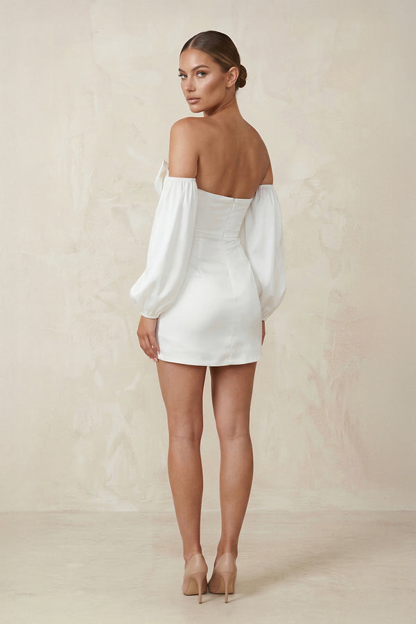 Sweetheart Keyhole Satin Sheath Mini Wedding Dress With Sleeves in White - KissProm Wedding Dresses