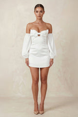 Sweetheart Keyhole Satin Sheath Mini Wedding Dress With Sleeves in White - KissProm Wedding Dresses
