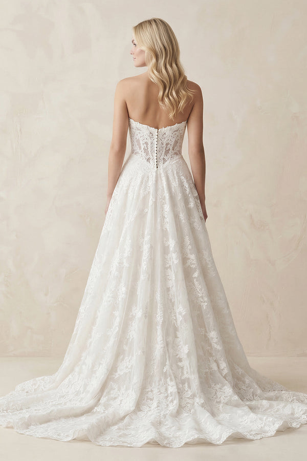 Sweetheart Lace A - Line Ruched Wedding Dress in White - KissProm Wedding Dresses