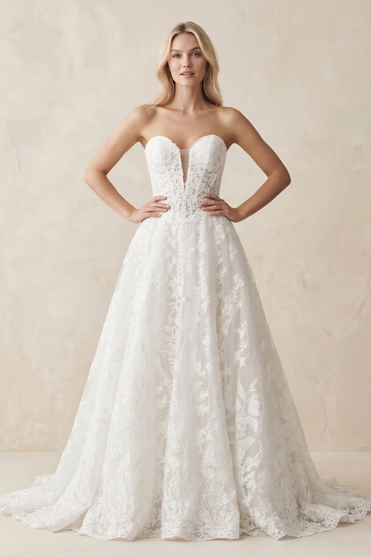 KissProm Plunge Lace A-Line Ruched Wedding Dress in White, White / 8