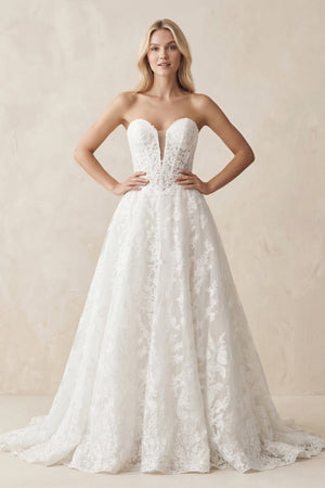 Sweetheart Lace A - Line Ruched Wedding Dress in White - KissProm Wedding Dresses