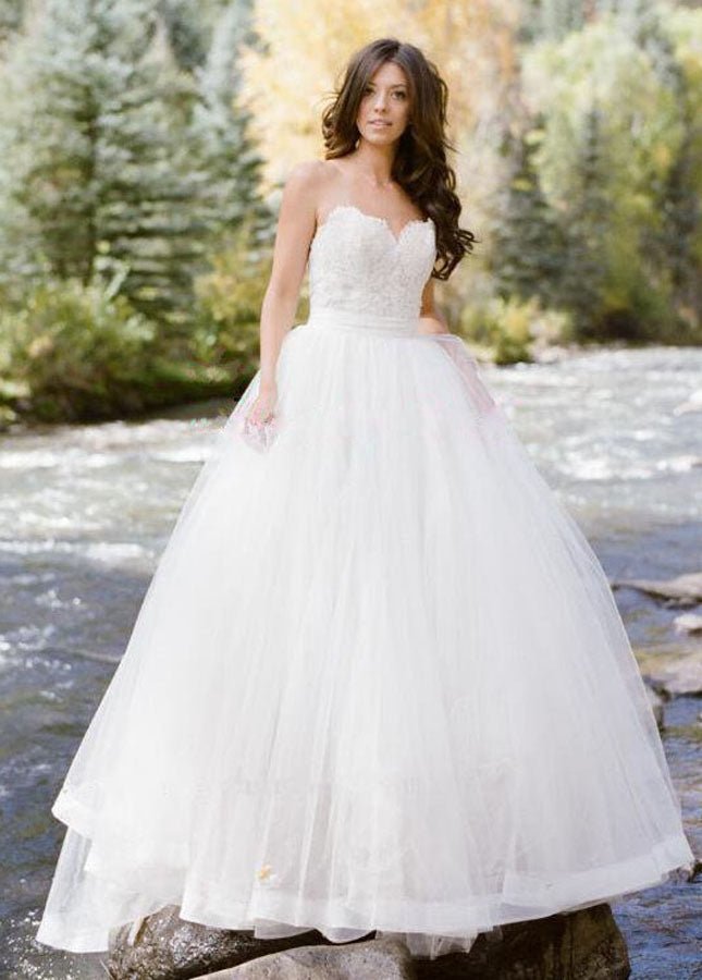 Simple Sleeveless Sweetheart Lace Backless Princess Wedding Dresses with Belt - KissProm