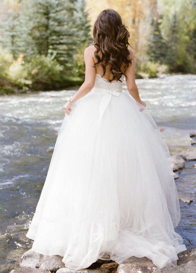 Simple Sleeveless Sweetheart Lace Backless Princess Wedding Dresses with Belt - KissProm