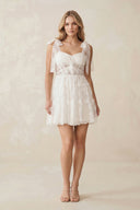 Sweetheart Lace Ruched Mini Wedding Dress With Bow in White - KissProm Wedding Dresses