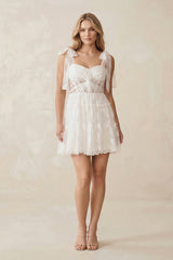 Sweetheart Lace Ruched Mini Wedding Dress With Bow in White - KissProm Wedding Dresses