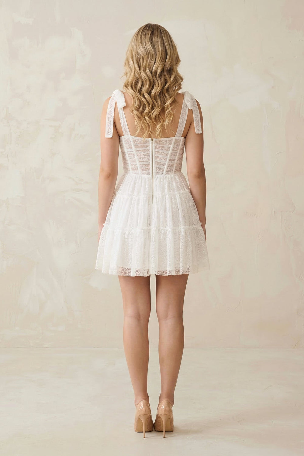 Sweetheart Lace Ruched Mini Wedding Dress With Bow in White - KissProm Wedding Dresses