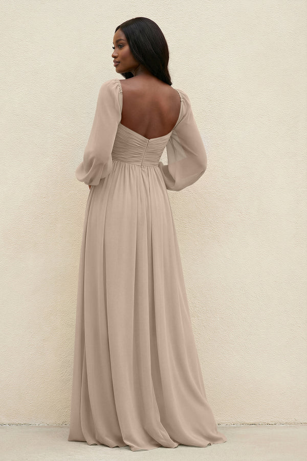 Sweetheart Long Sleeve A - Line Bridesmaid Dress in Almond - KissProm Bridesmaid Dresses