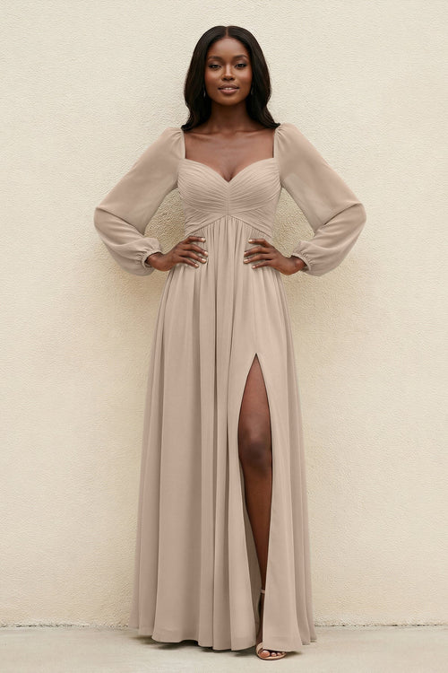Sweetheart Long Sleeve A - Line Bridesmaid Dress in Almond - KissProm Bridesmaid Dresses