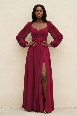 Sweetheart Long Sleeve A - Line Bridesmaid Dress in Berry - KissProm Bridesmaid Dresses