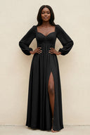 Sweetheart Long Sleeve A - Line Bridesmaid Dress in Black - KissProm Bridesmaid Dresses