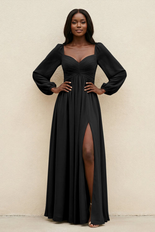 Sweetheart Long Sleeve A - Line Bridesmaid Dress in Black - KissProm Bridesmaid Dresses