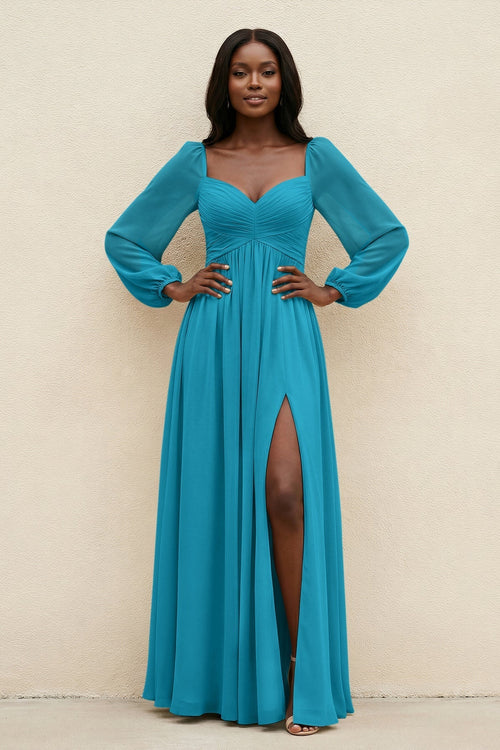 Sweetheart Long Sleeve A - Line Bridesmaid Dress in Blue Jay - KissProm Bridesmaid Dresses